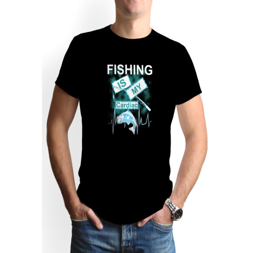 Tricou barbat personalizat, 'Fishing is my cardiac', bumbac, Oktane, Negru
