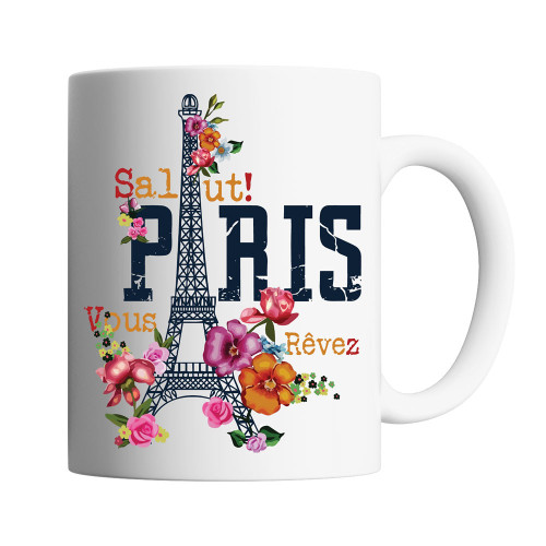 Cana cafea/ceai, Oktane, 330 ml, 'Salut Paris, Vous revez', ceramica, alba