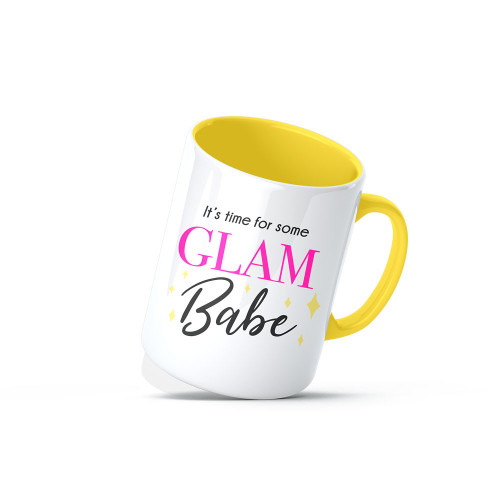 Cana personalizata cu interior galben, "It's time for some glame babe", Oktane, ceramica alba, 330 ml