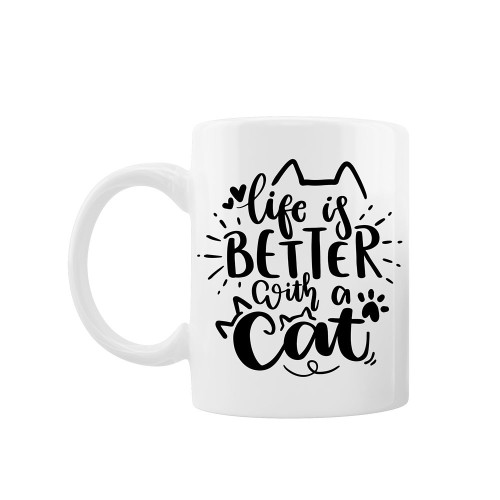 Cana personalizata "Life is better with a cat", Oktane, ceramica alba, 330 ml