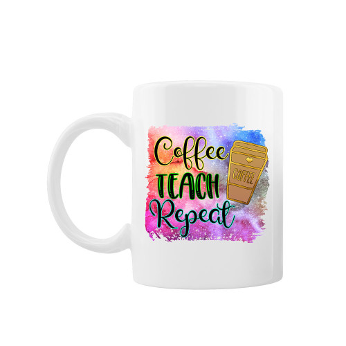 Cana personalizata "Coffee, teach, repeat", Oktane, ceramica alba, 330 ml