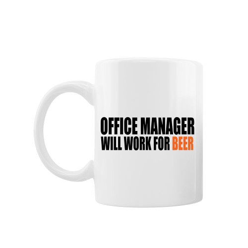Cana personalizata "Office manager will work for beer", Oktane, ceramica alba, 330 ml
