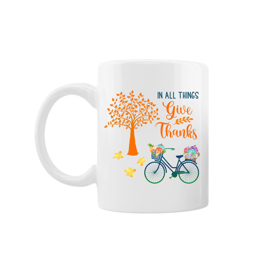 Cana personalizata "In all things give thanks", Oktane, ceramica alba, 330 ml