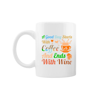 Cana personalizata "A good day starts with coffee and end with wine", Oktane, ceramica alba, 330 ml