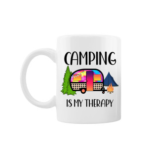 Cana personalizata "Camping is my therapy", Oktane, ceramica alba, 330 ml