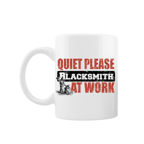 Cana personalizata "Quiet please at work. Blacksmith", Oktane, ceramica alba, 330 ml 