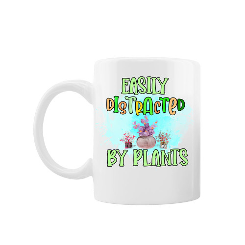Cana personalizata "Easily distracted by plants", Oktane, ceramica alba, 330 ml