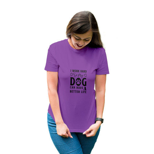 Tricou dama cu mesaj personalizat, 'I work hard for my dog', Violet