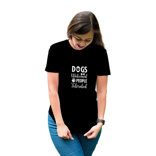 Tricou dama cu mesaj personalizat, 'Dogs welcomed', Negru